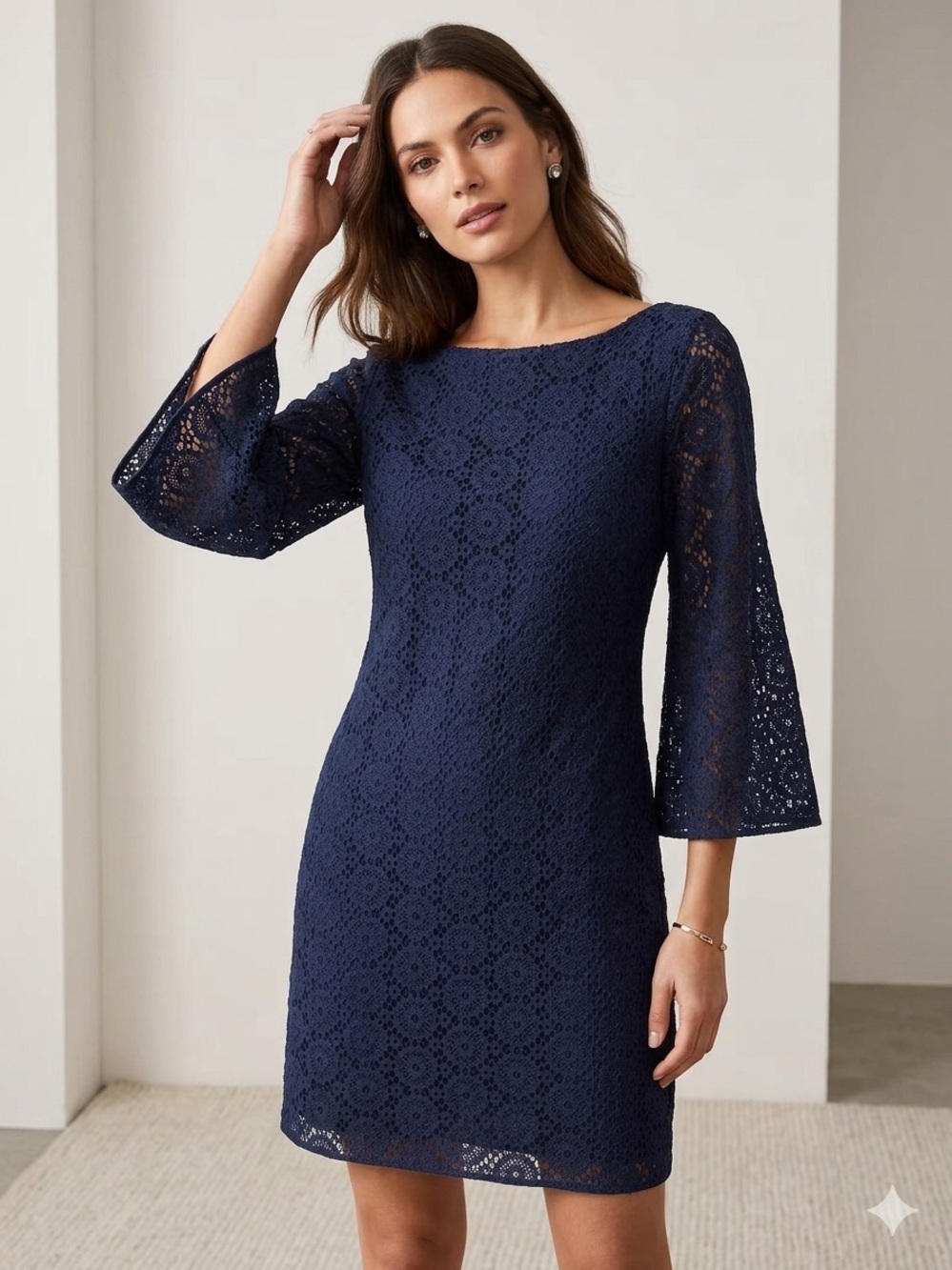 Lilly Pulitzer Topanga Lace Dress Navy Blue 3/4 Bell Sleeve Size S